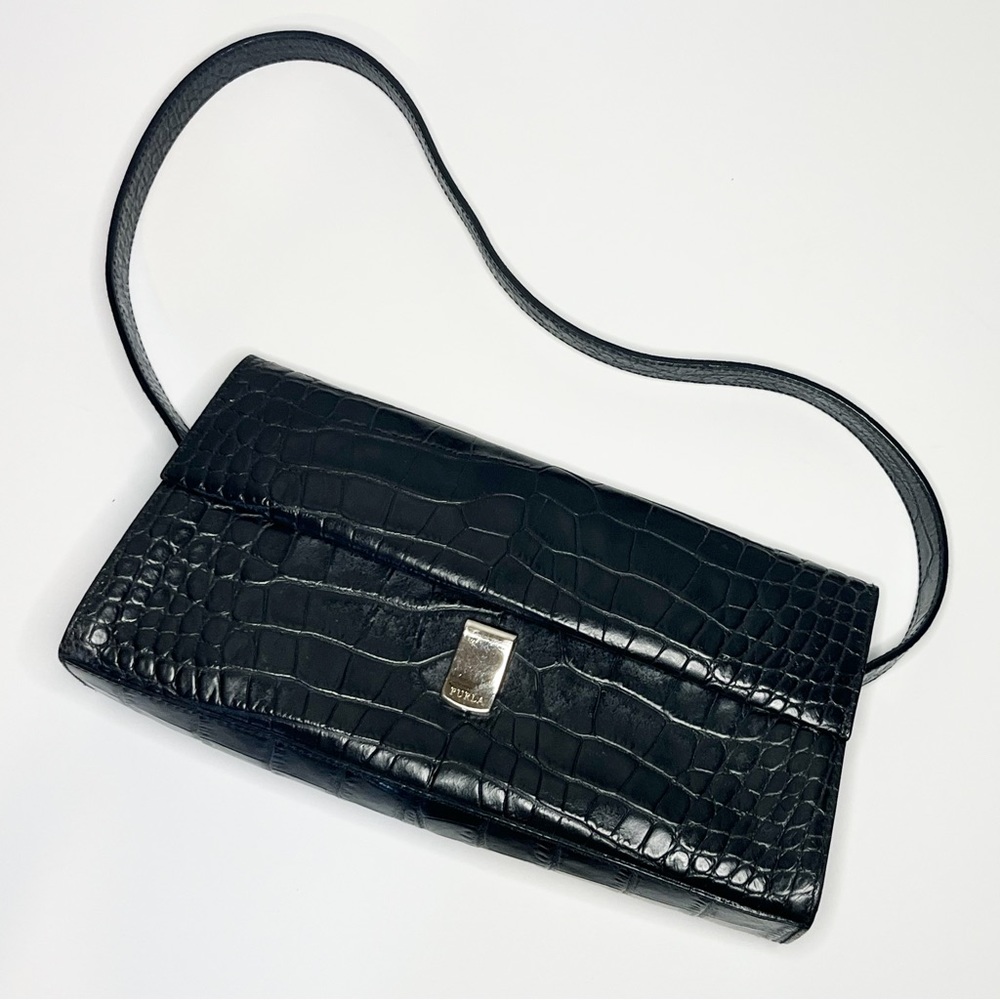 Furla Black Crocodile Embossed Leather Shoulder Bag Vintage
